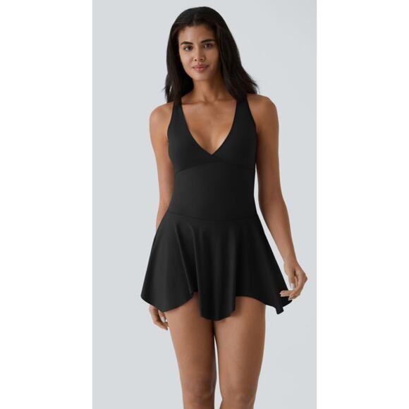 Halara Deep V Neck Racerback 2-in-1 Side Pocket Flare Mini Casual Dress - Picture 2 of 12